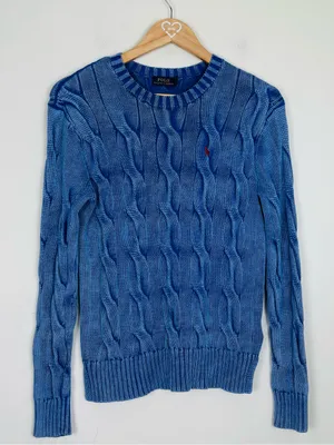 Polo Ralph Lauren blue sunwashed classic cotton cable knit crewneck sweater. XS thumbnail 1