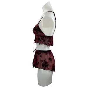 Auden Flocked Womens Red Black Floral Mesh Bralette & Mini Short Lingerie Sets S thumbnail 2