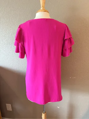 Entro Hot Pink Tiered Ruffle Sleeve V Neck Blouse Top Medium thumbnail 2