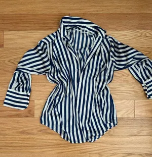 Zara silk white and blue stripped button down thumbnail 1