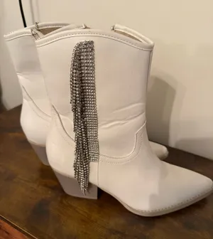 Oasis Society Boots White With Rhinestone Fringe thumbnail 1