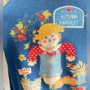 Vintage fall scarecrow sweatshirt made in‎ USA 2X fall pumpkins cat see photos thumbnail 5