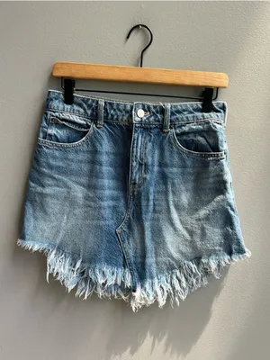 Free People We the Free Frayed Hem Denim Skirt Asymmetrical Seam Size 26 Cotton thumbnail 2