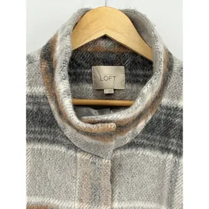 LOFT Womens Large Plaid Wool Blend Coat Stand Collar Full Zip Jacket Gray Brown thumbnail 9