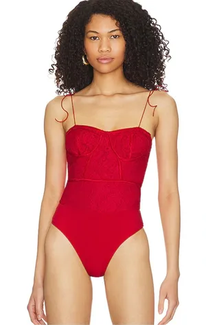 superdown Red Lace Bustier Bodysuit with Tie Straps thumbnail 1