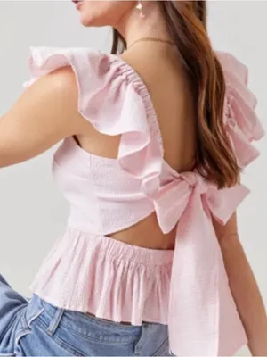 Mi Ami Peplum Bow Tie Pastel Pink Flutter Sleeve top Small thumbnail 1