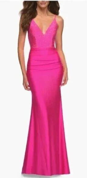 LA FEMME Tie Back Sequin Trumpet Gown in Neon Pink Size US 0 thumbnail 1