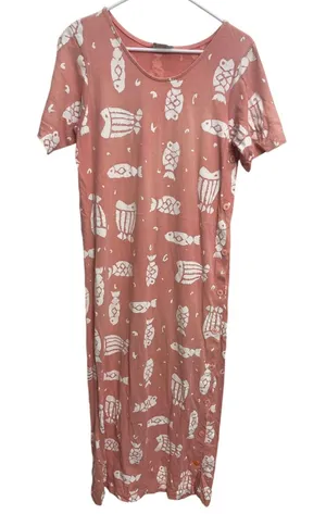 Vintage 90s Fish Print Maxi Dress Pink Coastal Beachy Vacation Resort Wear Small thumbnail 1
