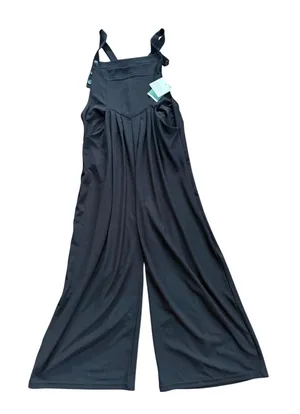 Halara Black Wide Leg Overalls Waffle Knit Adjustable Straps Large Petite NWT thumbnail 1