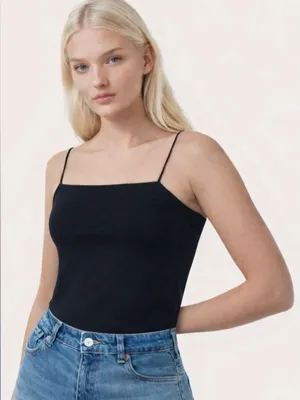 Hollister Slim Tan Black ribbed Square Neck Spaghetti Strap bodysuit, size S thumbnail 1