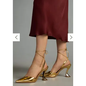 Vicenza Gold Metallic Sculptural Heel Pumps 39‎ Lace Up Pointed Toe Statement thumbnail 2