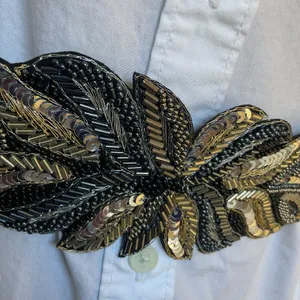 Silver Beaded Embroidered Boho Festival Floral Belt Elastic Sz 34 Waistband NWT thumbnail 7