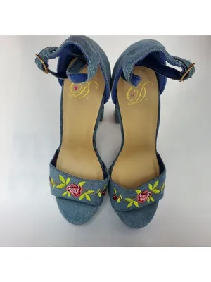 Heart in D Blue Denim Floral Embroidered Platform Heels Sandals Size 8 thumbnail 8