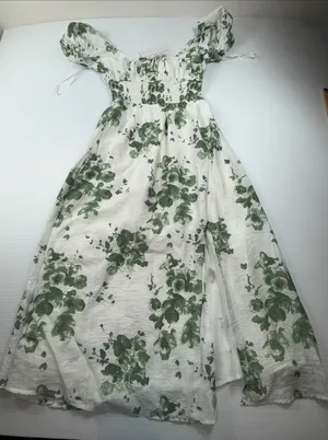 Saints + secrets Midi Dress White Olive Floral Puff Sleeve Scoop Neck‎ XS NWT thumbnail 1