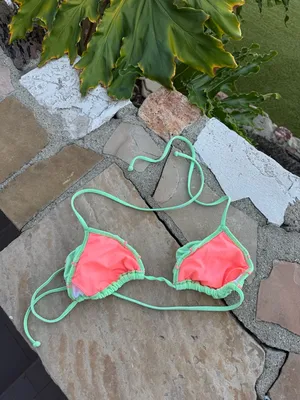 Victoria's Secret Mint Green Ruffled Bikini Top with Coral Trim y2k size S thumbnail 2