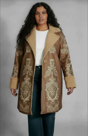 Vintage Inspired Plus Size Shearling Boho Damask Print Coat Brown thumbnail 1