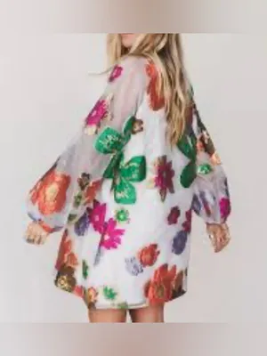 En Crème Floral Organza Bubble Sleeve Mini Dress long sleeve womens Sz Medium thumbnail 3