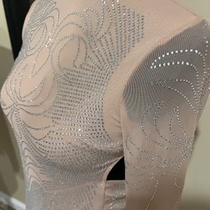 Rhinestone Open Back Mini Dress Slim Fit Mock Neck Backless Long Sleeve Tan Dress Party Dress Prom Wedding thumbnail 4
