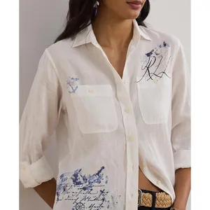 Lauren Ralph Lauren 100% Linen Nautical Graphic Button Down Shirt White XS NWT thumbnail 2