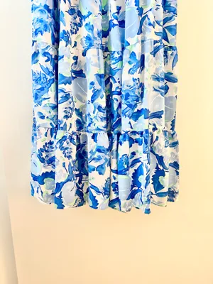 NWT Pretty Garden Smocked Blue Floral Tiered Puff Sleeve Dress thumbnail 3