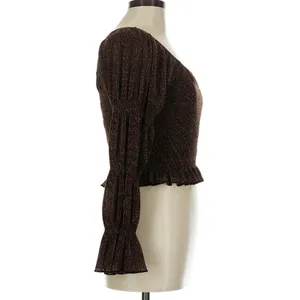 Metallic Brown Smocked Square Neck Bell Sleeve Crop Top Y2K Party Going Out Top thumbnail 2