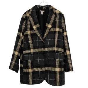 H&M Black and Cream Plaid Wool Blend Peacoat Medium thumbnail 2
