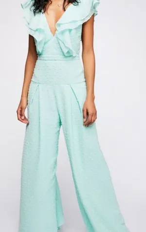 Fame & Partners Free People Jacy Ruffle Wide Leg Jumpsuit Mint Swiss Dot‎ Small thumbnail 1