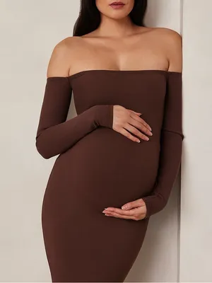 NWT Bumpsuit Sculpting Rib Off Shoulder Maternity Dress XS Brown Bodycon Midi thumbnail 8