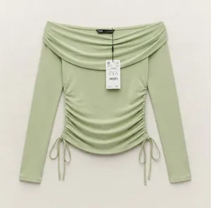 Zara Women Top Large Green Off-the-Shoulder Ruched Drawstring Long Sleeve thumbnail 1