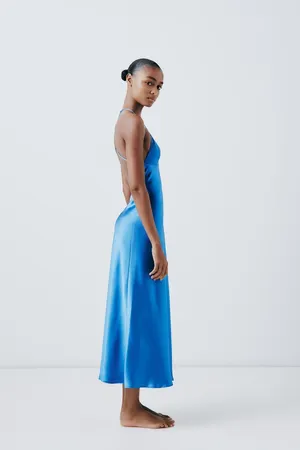 ZARA Dress Cobalt Blue Satin Effect Maxi Midi Wedding Party Date Coctail thumbnail 12