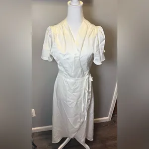 Noire NEW Claudia‎ Deep V Neck Tea Length Wrap Dress White Size XL thumbnail 2