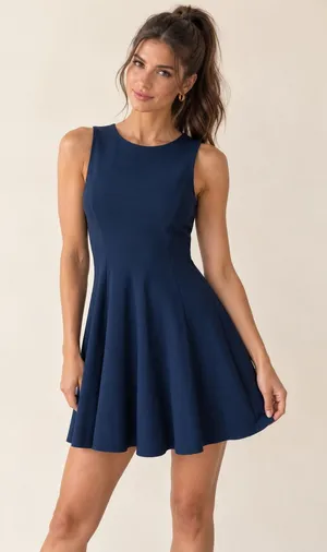 Hutch Navy Blue Minimalist High Neck Fit & Flare Sleeveless Mini Dress Small thumbnail 1