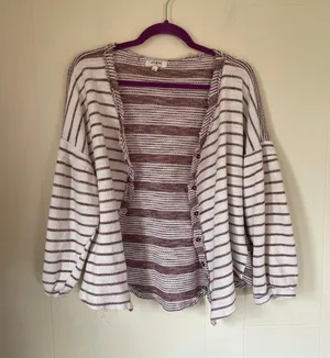 Umgee cardigan sweater maroon striped balloon sleeves short length Women’s sz L thumbnail 1
