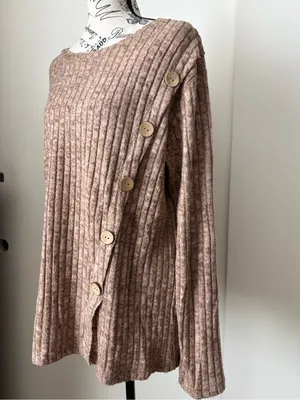 Cozy Ribbed Button-Side Women’s Top in Taupe thumbnail 2