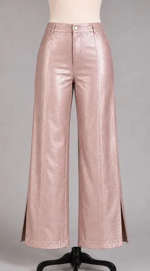Forever 21 Metallic Pink Faux Leather Wide Leg Pants High Rise Slit Hem Large thumbnail 1