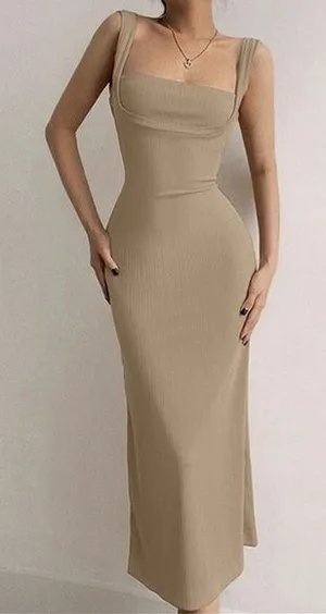Ribbed Knit Maxi Dress Women Medium Tan Excellent‎ Open Back Bodycon Tie Detail thumbnail 1