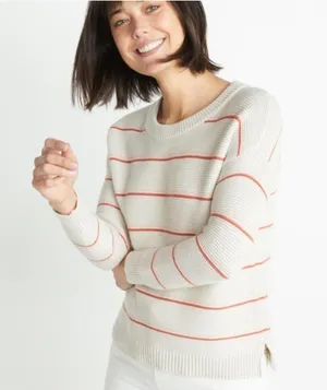 Marine Layer Nina Knit Crewneck Cotton Sweater Stripes Oatmeal Pink Size Small thumbnail 1
