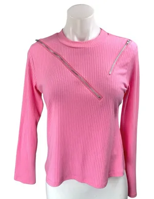 NEW Ma Cherie Pink Rib Knit Long Sleeve Aymmetric Zipper Cutout Sweater Top Sz L thumbnail 1