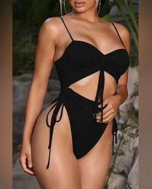 Amazon NWOT Sexy Black High Cut Ruched Side Ties One Piece Swimsuit | Size: L thumbnail 1