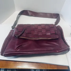 Burgundy Vegan‎ Leather shoulder bag woven flap purse slouchy hobo whipstitch thumbnail 2