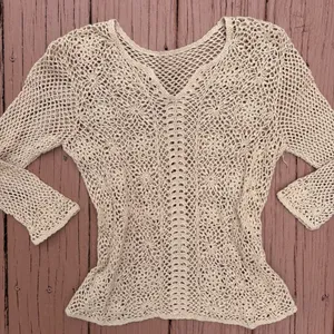 Boho crochet knit top size xs/s lightweight tan colored thumbnail 1