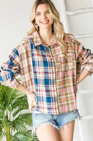 NEW Oli‎ & Hali Multicolor Plaid Flannel Crop Button Up Shirt Size M thumbnail 1