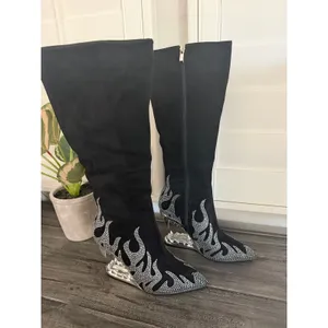 Others Follow Women Size 8 Wedge Heel Flame Rhinestone Point Toe Knee High Boot Fashion Trendy thumbnail 9