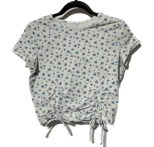 Hollister white and blue floral t shirt with drawstring ruching‎ on front size L thumbnail 1