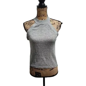 Miou Muse Top‎ Womens Size Medium Grey Sleeveless Mock Neck Ribbed Knit thumbnail 3