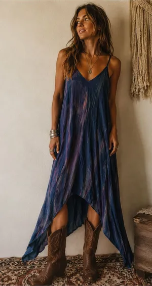 Boho V-Neck Blue Print Handkerchief Hem Maxi Dress thumbnail 1