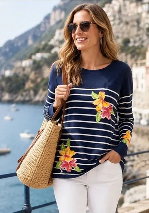 Polo Ralph Lauren Tee Women SM Navy White Stripe‎ Hibiscus Long Sleeve Nautical thumbnail 1