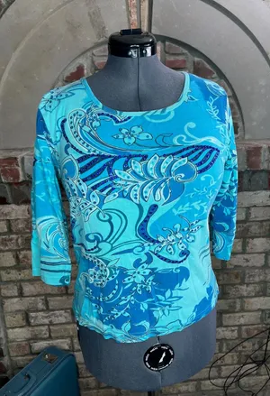 norm thompson top long sleeve leaves swirl blue beaded sequins thumbnail 1