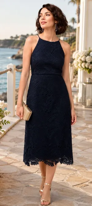 Chico's‎ Navy Blue Palm Leaf Lace Halter Midi Dress NWT Size 0.5 US 6 thumbnail 1