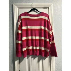 Band of Gypsies Sweater Womens Large Pink Red Striped Cotton Crew Neck Relaxed thumbnail 5